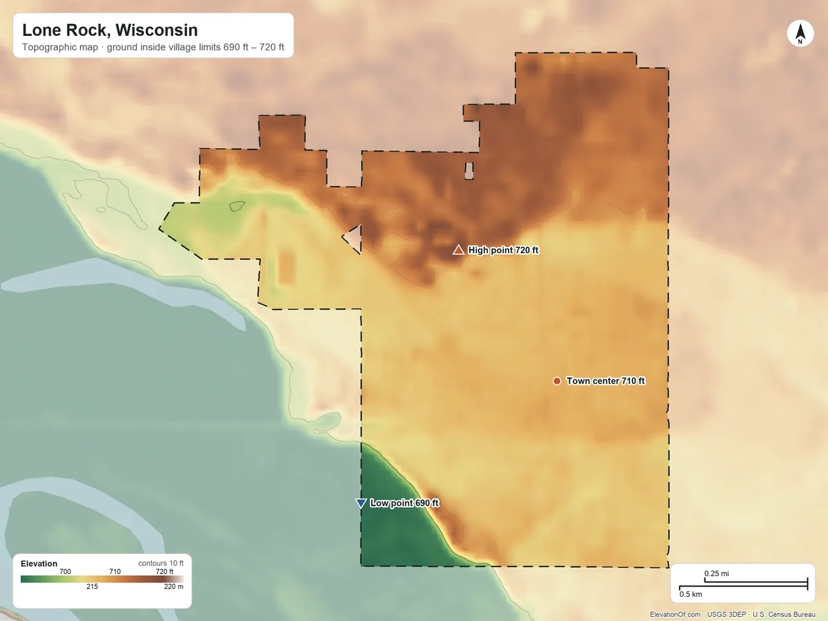 Topographic elevation map of Lone Rock, Wisconsin, shaded from 690 ft on the southwest side to 720 ft on the northwest edge, below higher ground just outside