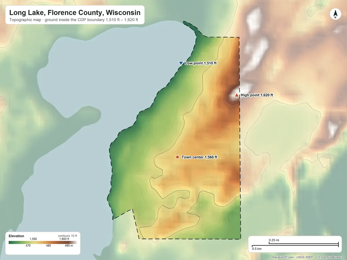 Topographic elevation map of Long Lake, Florence County, Wisconsin, shaded from 1,510 ft on the north side to 1,620 ft on the northeast side