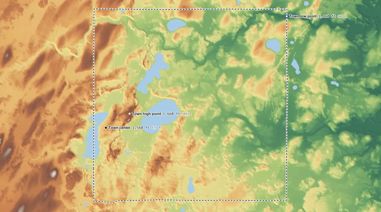 Topographic elevation map of Long Lake, Florence County, Wisconsin, shaded from 1,440 ft on the northeast side to 1,660 ft near the middle