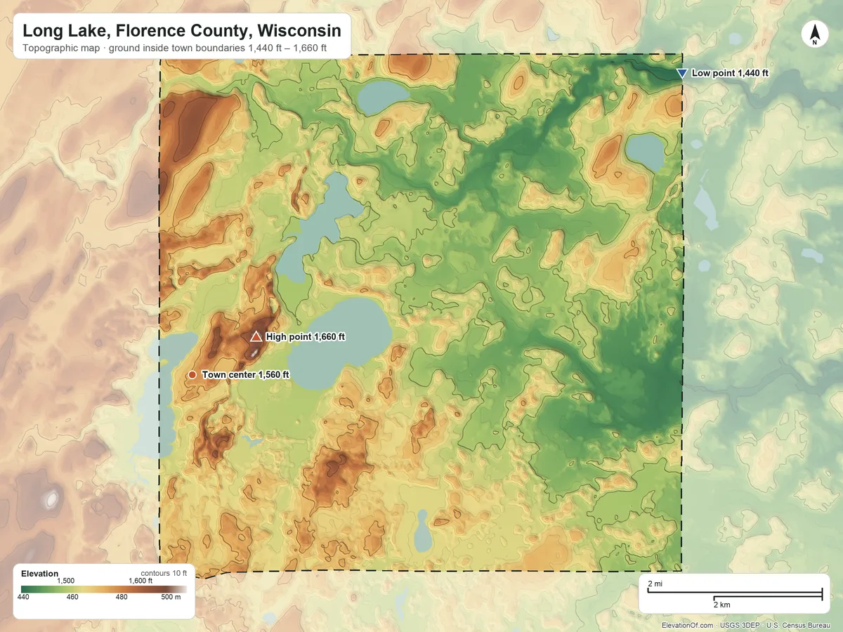 Topographic elevation map of Long Lake, Florence County, Wisconsin, shaded from 1,440 ft on the northeast side to 1,660 ft near the middle