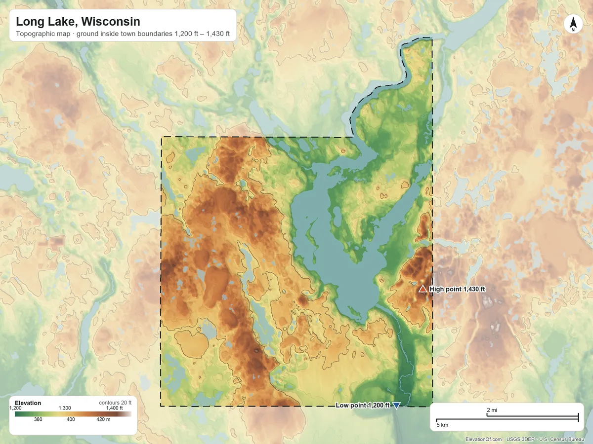 Topographic elevation map of Long Lake, Wisconsin, shaded from 1,200 ft on the southeast side to 1,430 ft on the east side