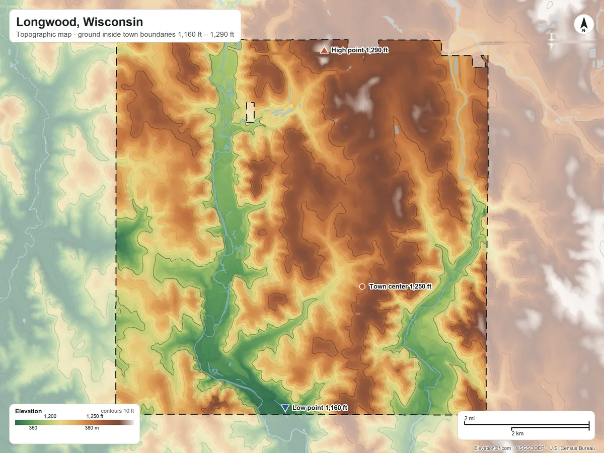 Topographic elevation map of Longwood, Wisconsin, shaded from 1,160 ft on the southwest side to 1,290 ft on the north side