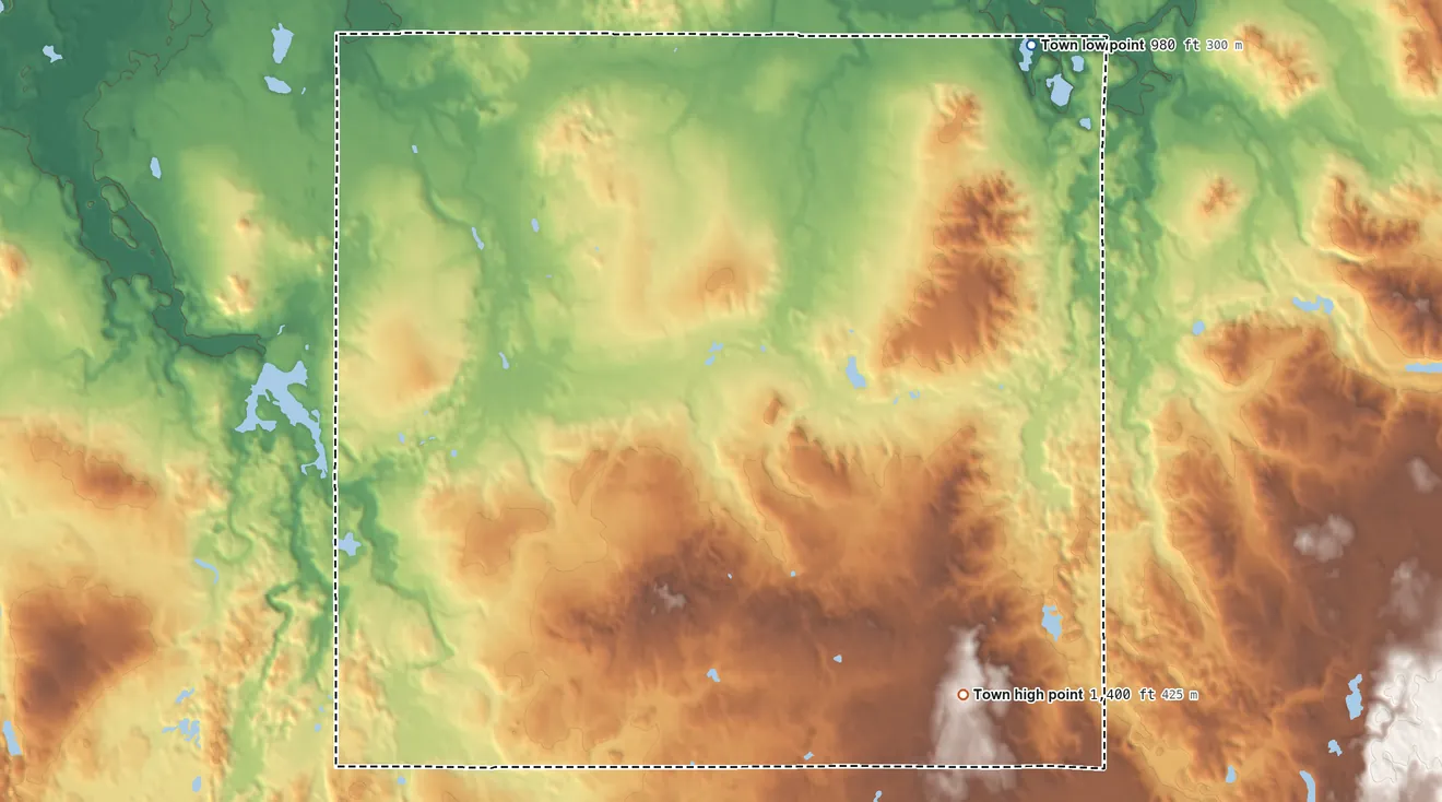 Topographic elevation map of Lorain, Wisconsin, shaded from 980 ft on the northeast side to 1,400 ft on the southeast side