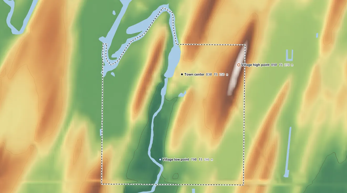 Topographic elevation map of Village of Lowell, Wisconsin, shaded from 790 ft on the south side to 890 ft on the east side