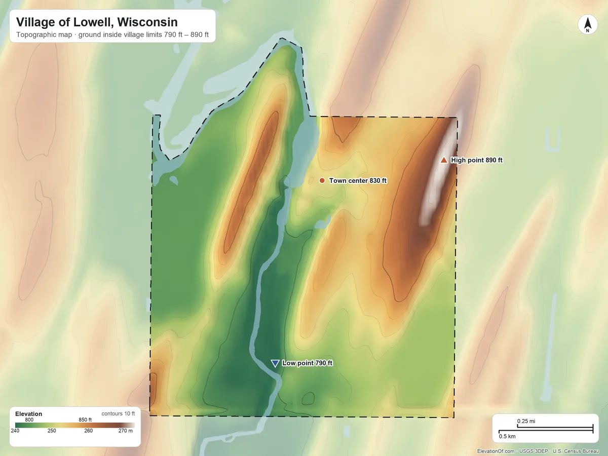Topographic elevation map of Village of Lowell, Wisconsin, shaded from 790 ft on the south side to 890 ft on the east side