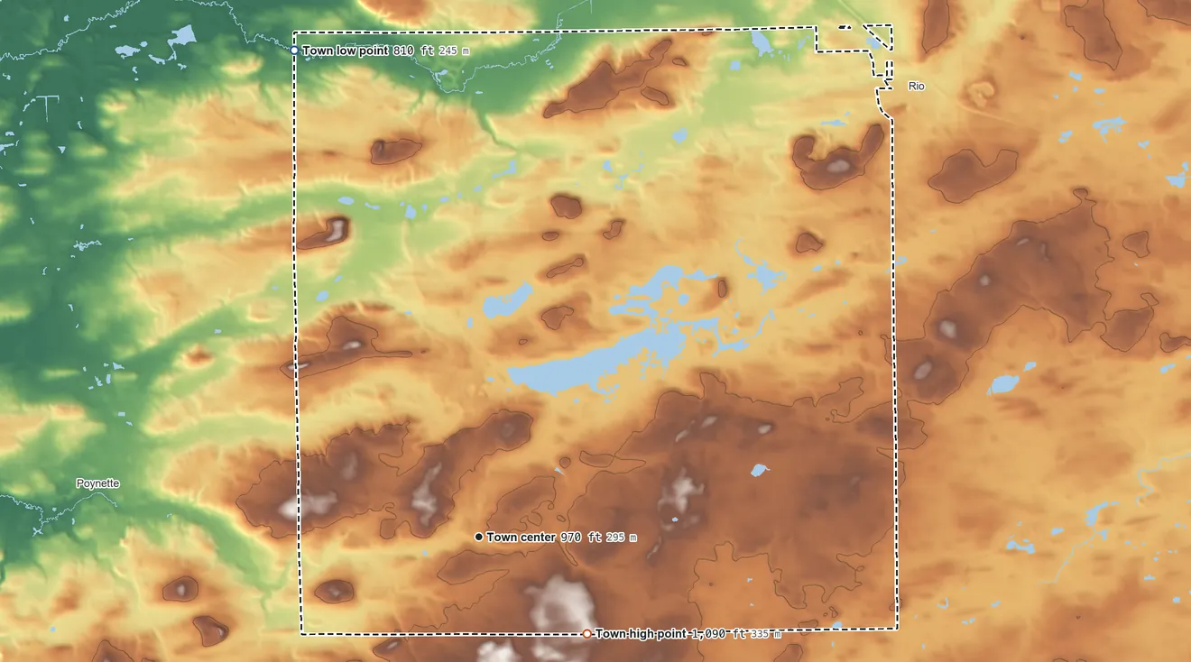 Topographic elevation map of Lowville, Wisconsin, shaded from 810 ft on the north side to 1,090 ft on the southeast side