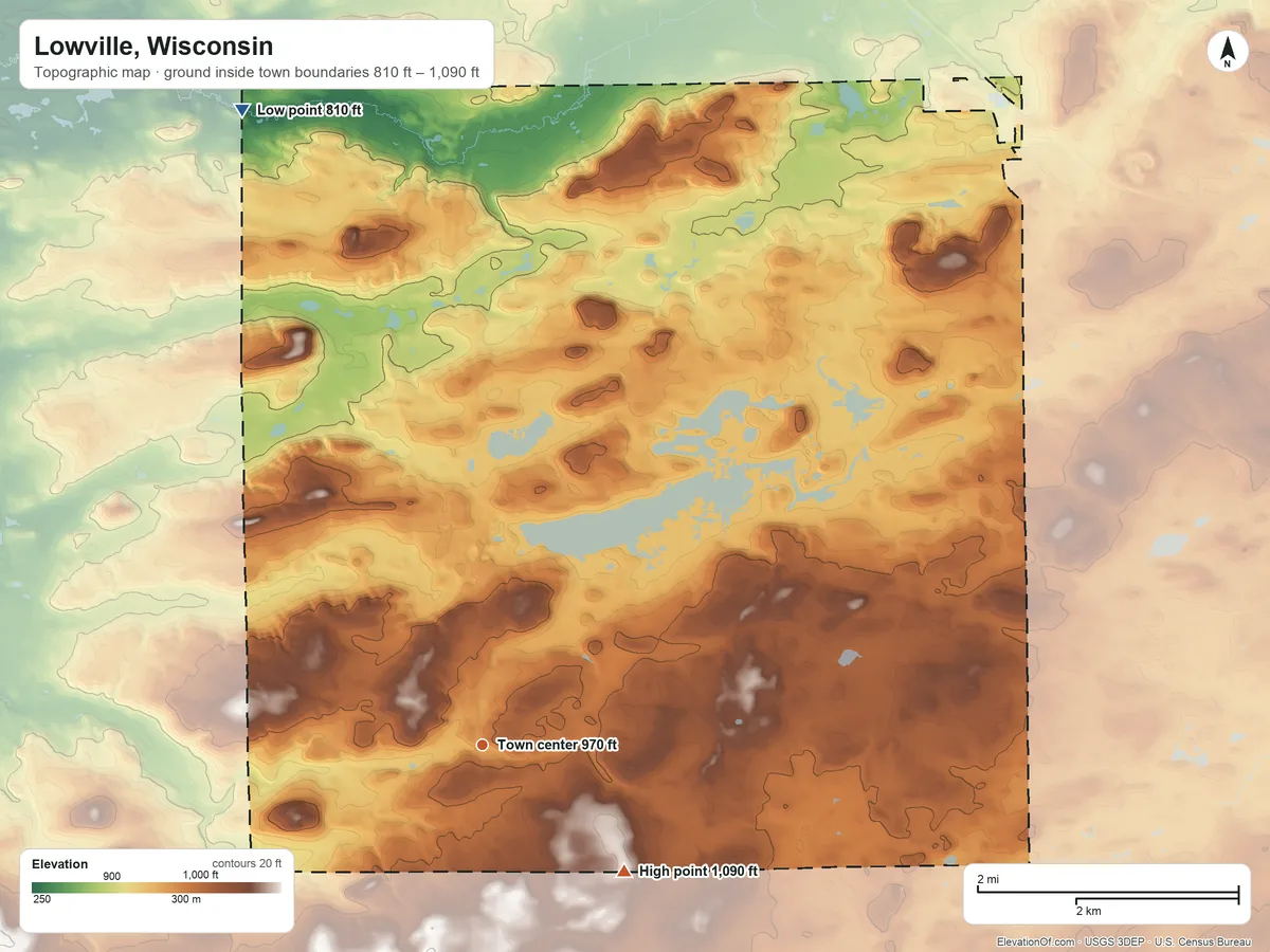 Topographic elevation map of Lowville, Wisconsin, shaded from 810 ft on the north side to 1,090 ft on the southeast side