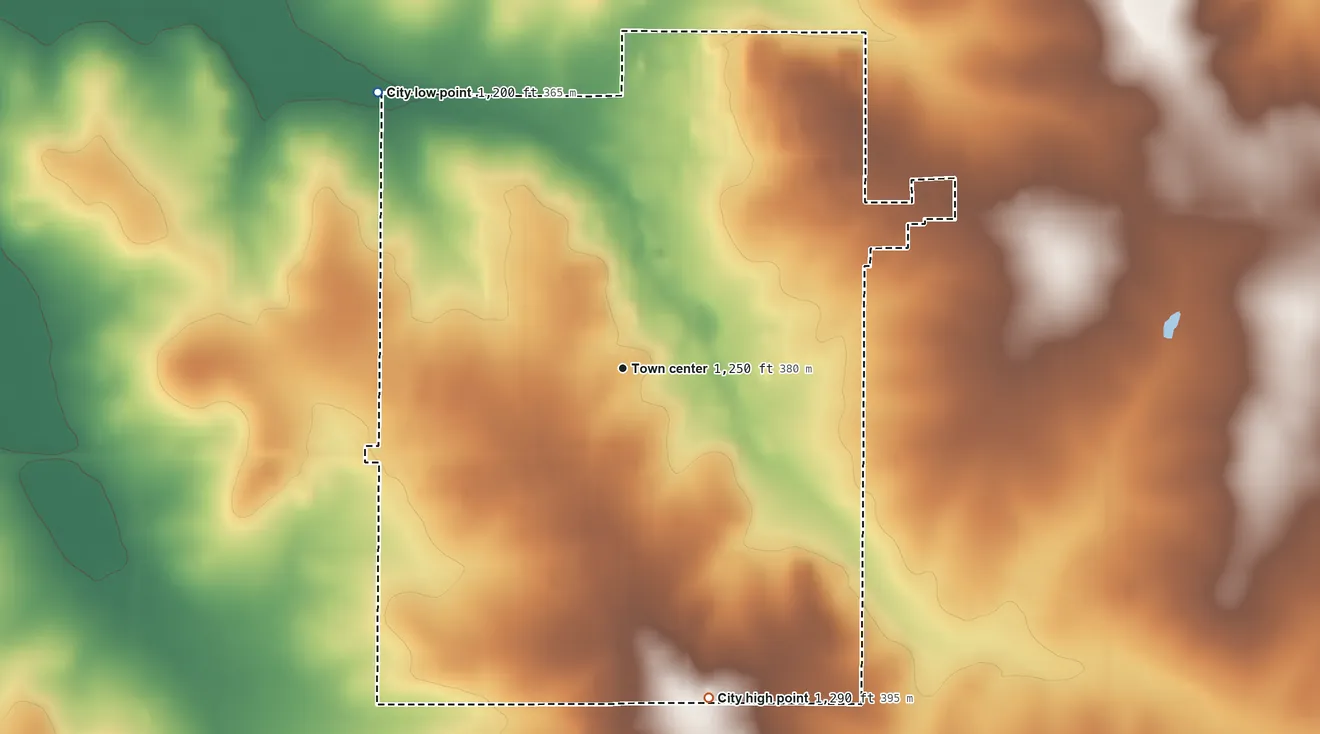 Topographic elevation map of Loyal, Wisconsin, shaded from 1,200 ft on the northwest side to 1,290 ft on the south side
