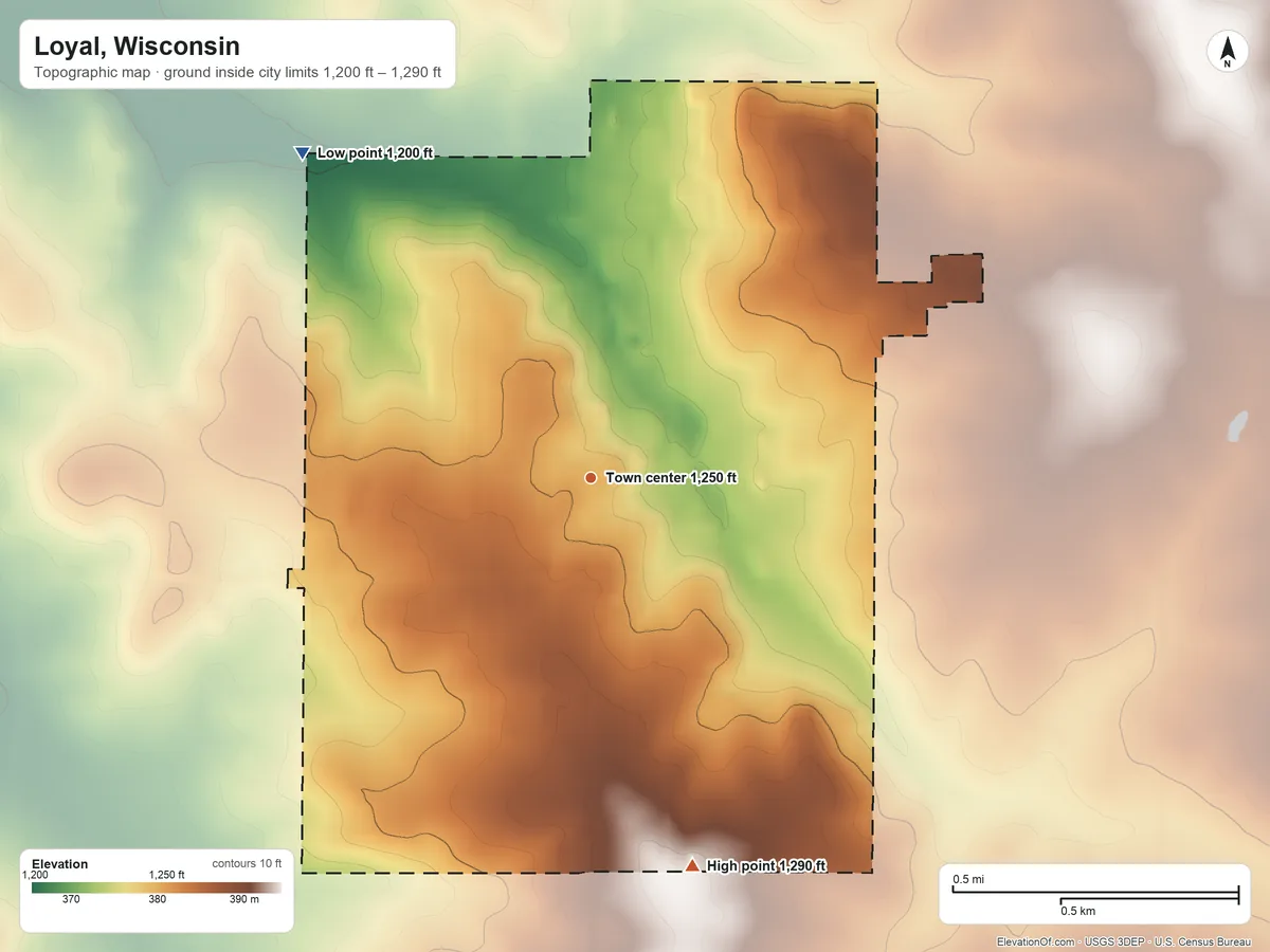 Topographic elevation map of Loyal, Wisconsin, shaded from 1,200 ft on the northwest side to 1,290 ft on the south side