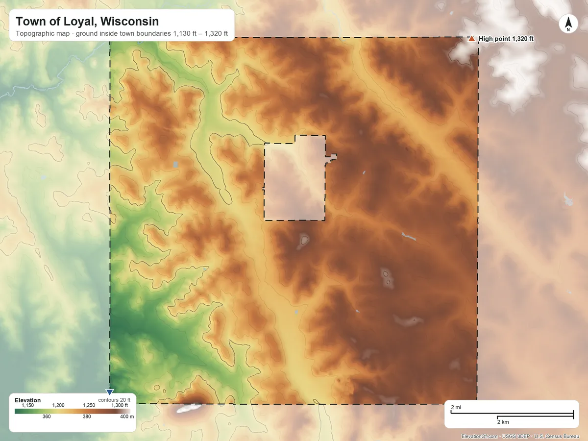 Topographic elevation map of Town of Loyal, Wisconsin, shaded from 1,130 ft on the southwest side to 1,320 ft on the northeast side
