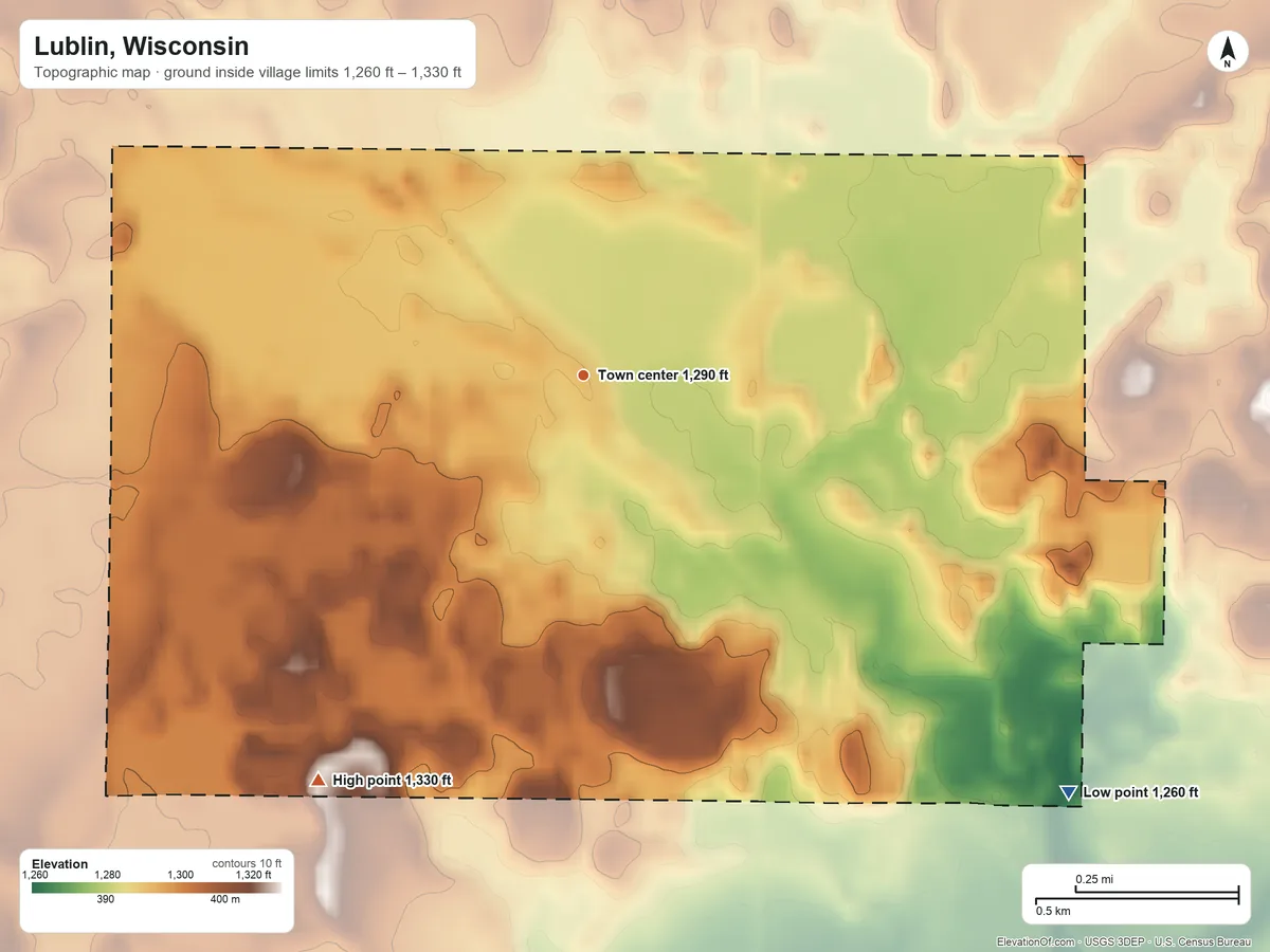 Topographic elevation map of Lublin, Wisconsin, shaded from 1,260 ft on the southeast side to 1,330 ft on the southwest side