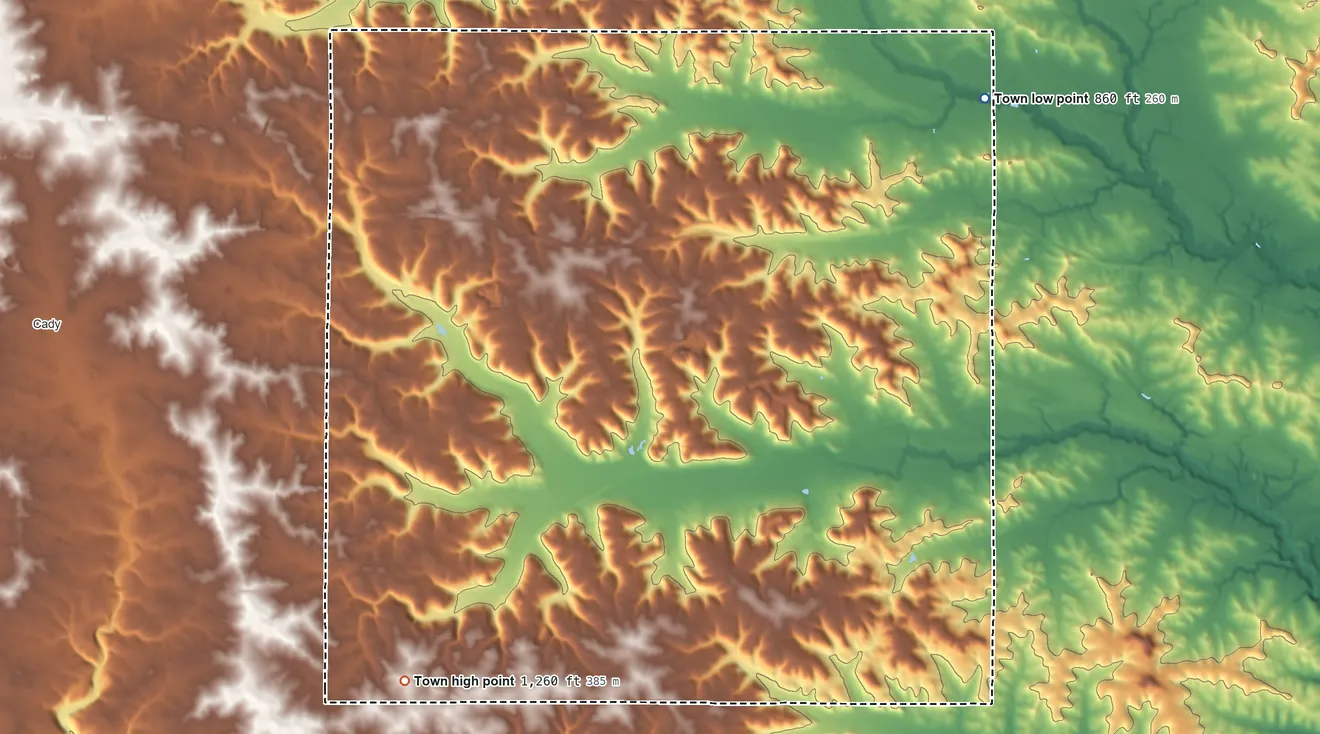Topographic elevation map of Lucas, Wisconsin, shaded from 860 ft on the northeast side to 1,260 ft on the southwest side