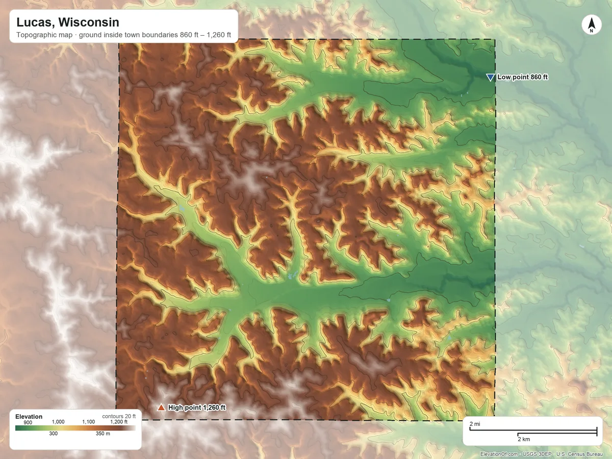 Topographic elevation map of Lucas, Wisconsin, shaded from 860 ft on the northeast side to 1,260 ft on the southwest side