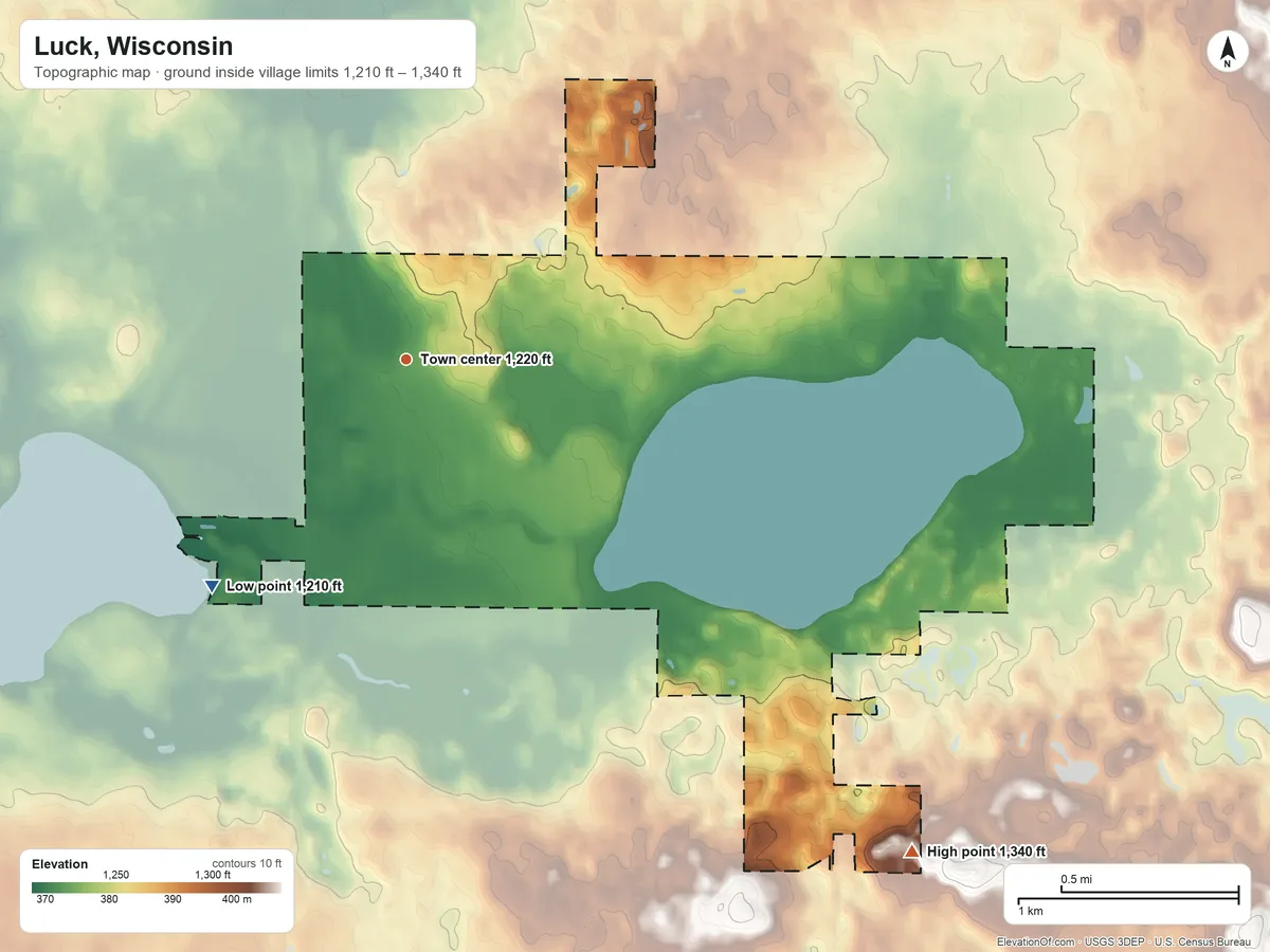 Topographic elevation map of Luck, Wisconsin, shaded from 1,210 ft on the southwest side to 1,340 ft on the southeast side