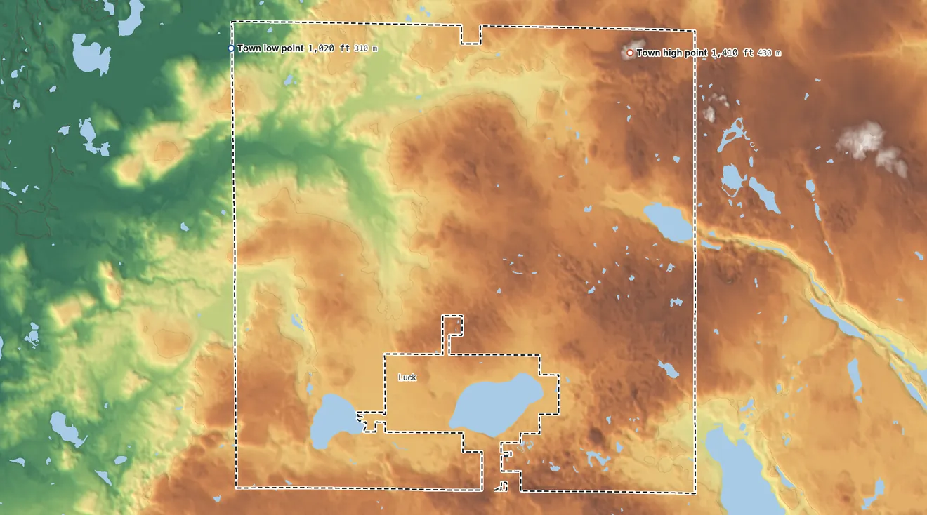 Topographic elevation map of Town of Luck, Wisconsin, shaded from 1,020 ft on the northwest side to 1,410 ft on the northeast side