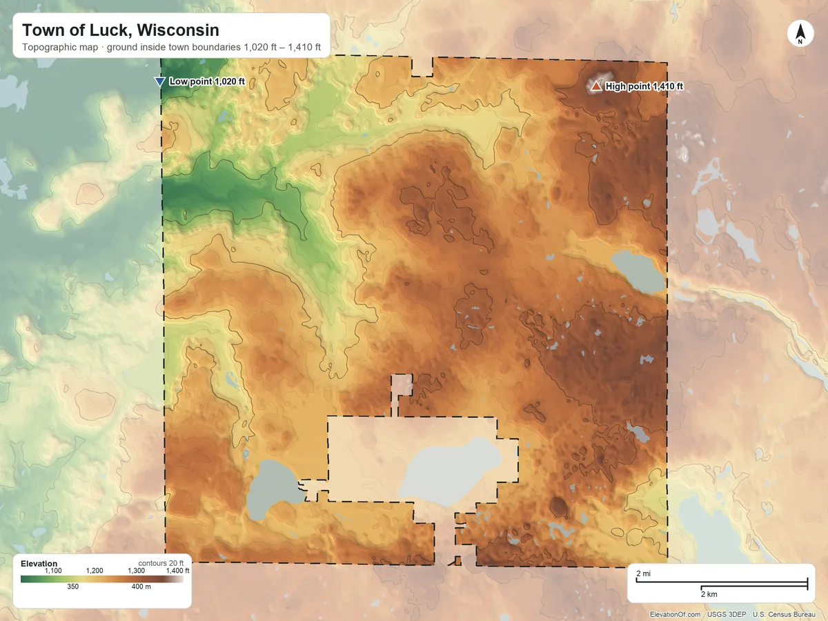 Topographic elevation map of Town of Luck, Wisconsin, shaded from 1,020 ft on the northwest side to 1,410 ft on the northeast side