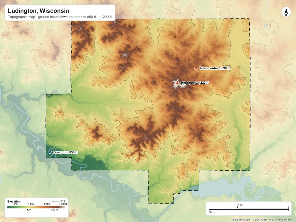 Topographic elevation map of Ludington, Wisconsin, shaded from 850 ft on the southwest side to 1,220 ft near the middle