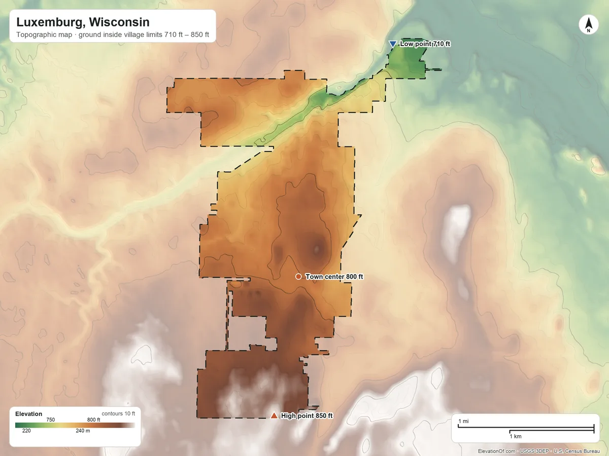 Topographic elevation map of Luxemburg, Wisconsin, shaded from 710 ft on the north side to 850 ft on the south side