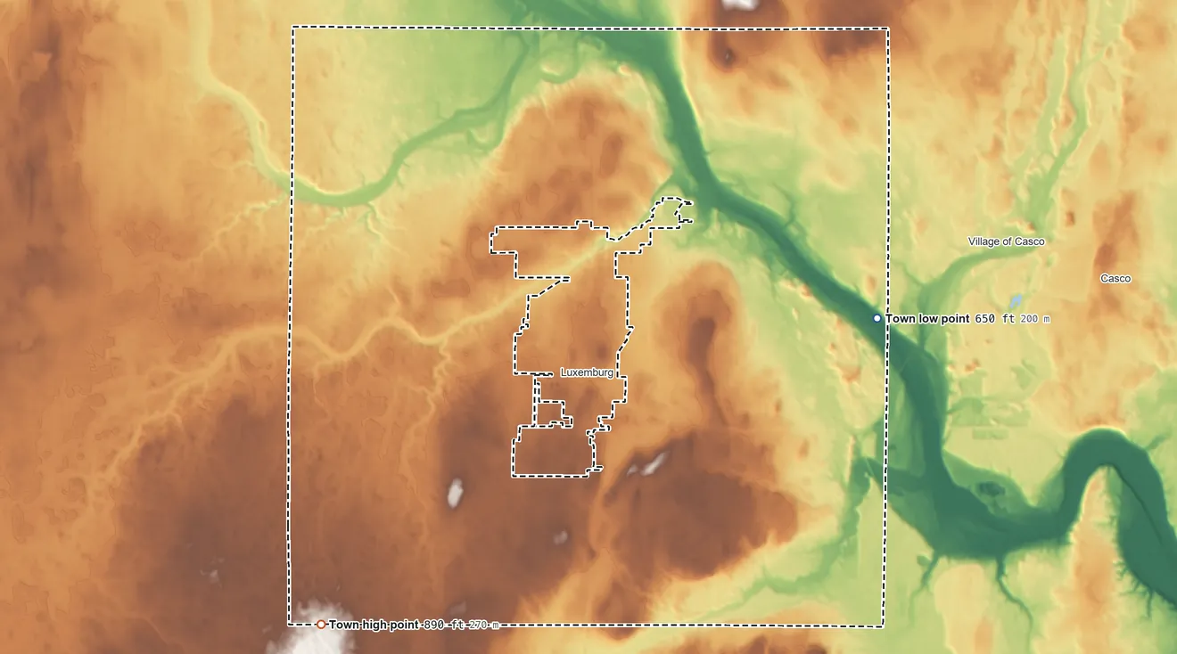 Topographic elevation map of Town of Luxemburg, Wisconsin, shaded from 650 ft on the east side to 890 ft on the southwest side