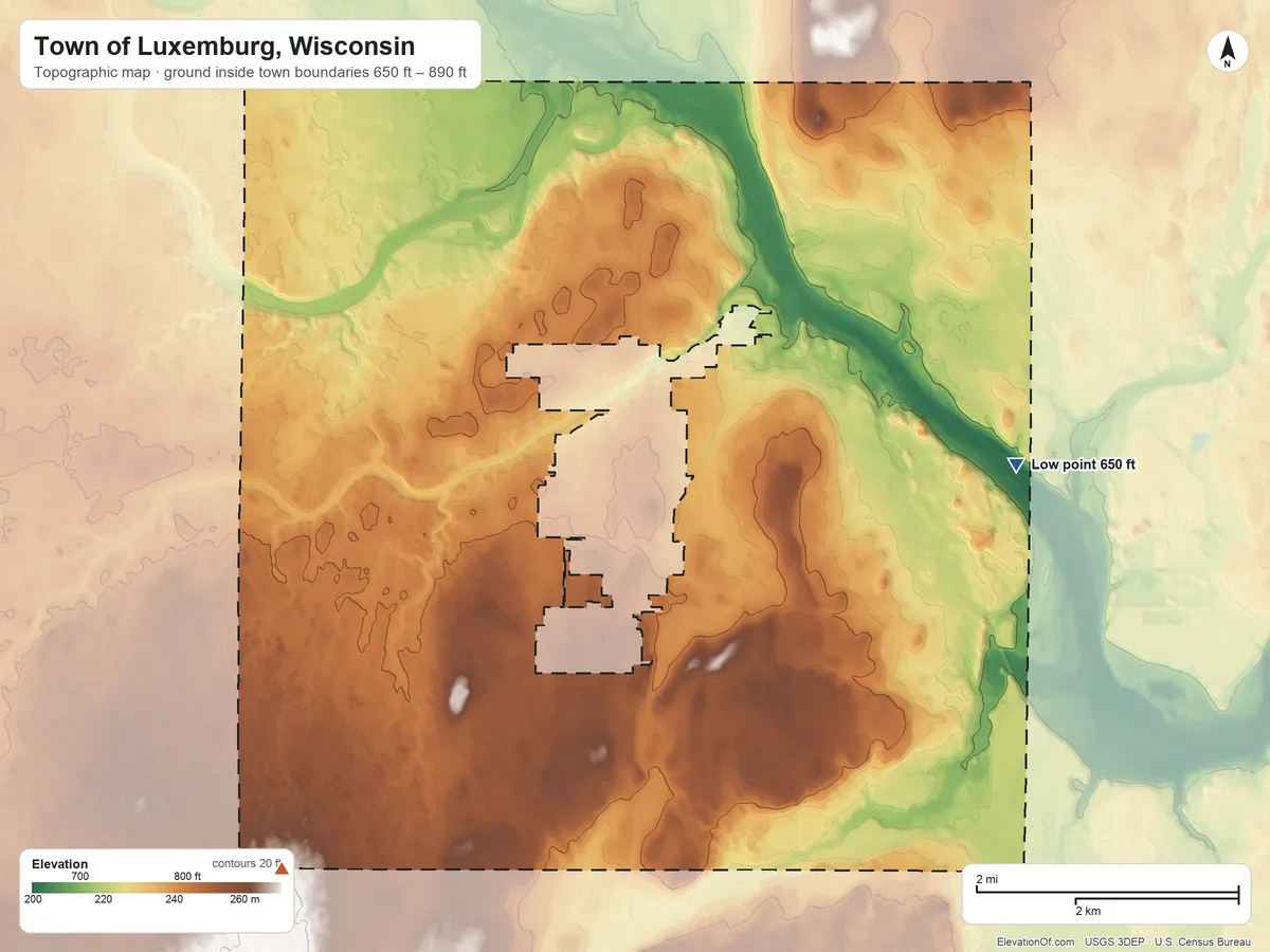Topographic elevation map of Town of Luxemburg, Wisconsin, shaded from 650 ft on the east side to 890 ft on the southwest side