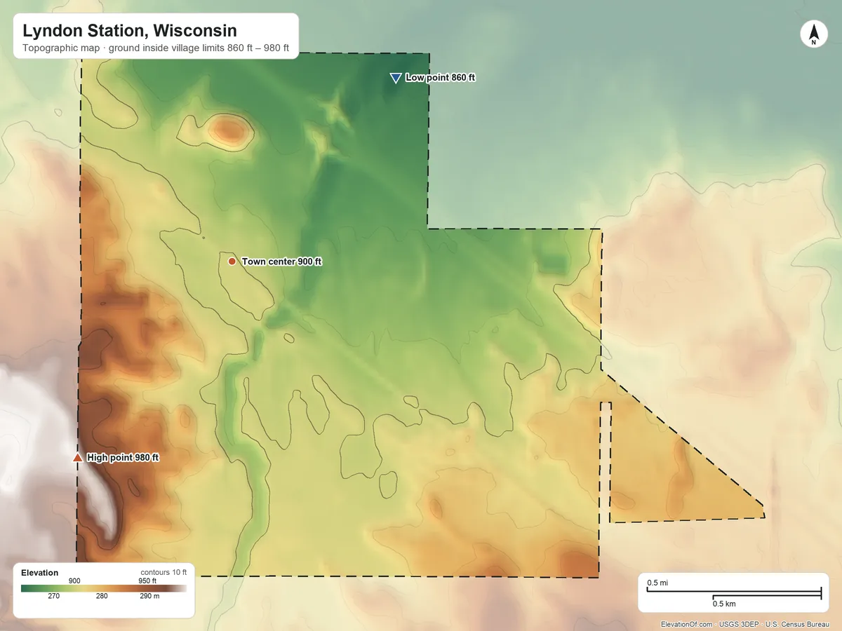 Topographic elevation map of Lyndon Station, Wisconsin, shaded from 860 ft on the northeast side to 980 ft on the southwest side