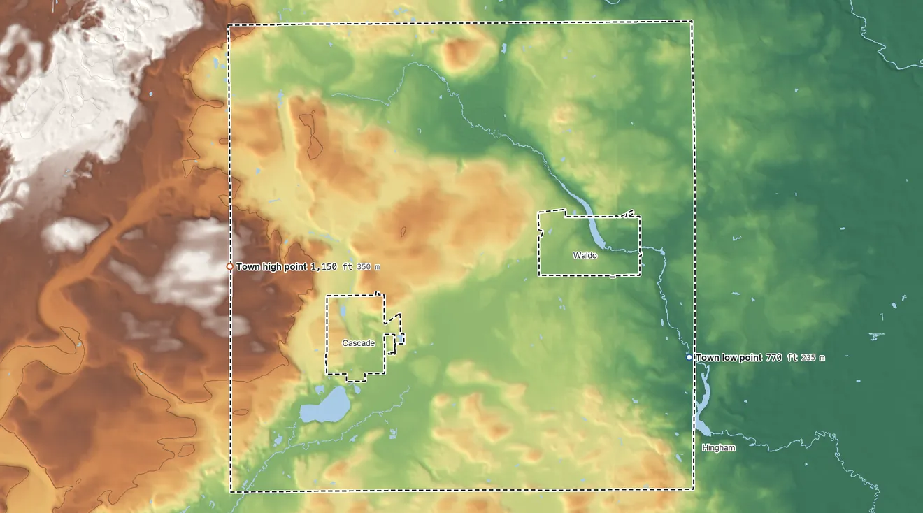 Topographic elevation map of Lyndon, Wisconsin, shaded from 770 ft on the east side to 1,150 ft on the west side