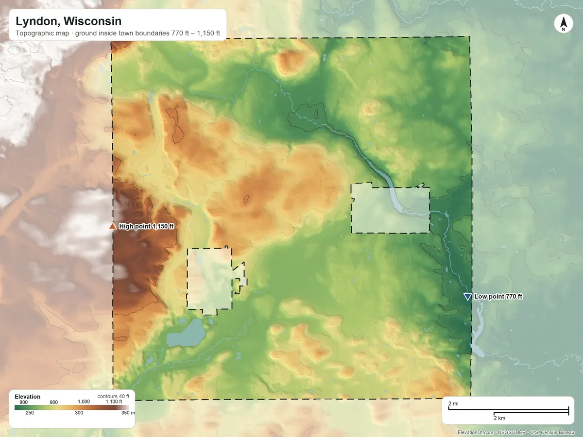 Topographic elevation map of Lyndon, Wisconsin, shaded from 770 ft on the east side to 1,150 ft on the west side