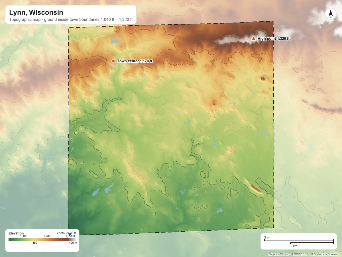 Topographic elevation map of Lynn, Wisconsin, shaded from 1,040 ft on the south side to 1,320 ft on the east side
