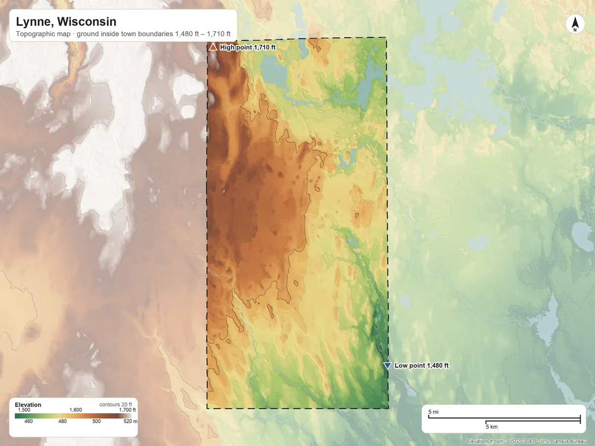 Topographic elevation map of Lynne, Wisconsin, shaded from 1,480 ft on the south side to 1,710 ft on the northwest side