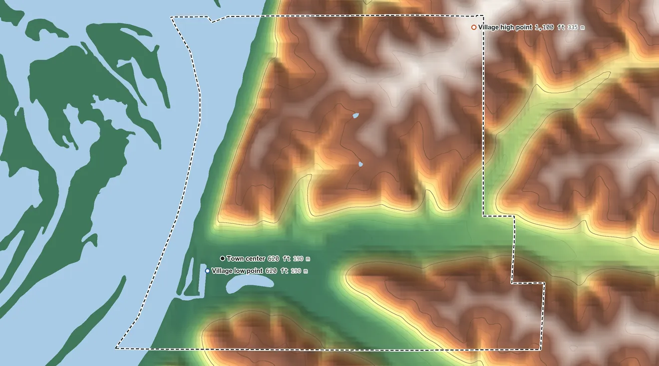 Topographic elevation map of Lynxville, Wisconsin, shaded from 620 ft near the middle to 1,100 ft on the northeast side