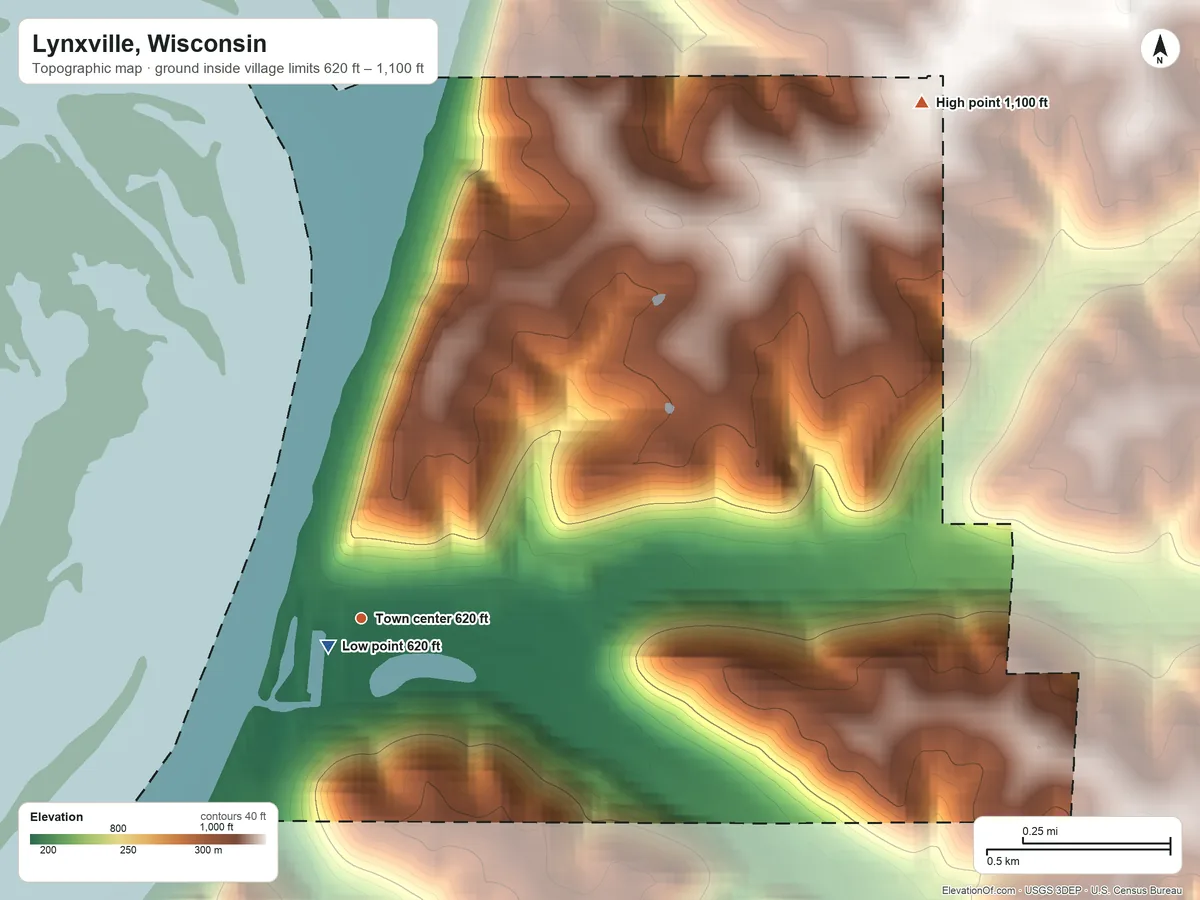 Topographic elevation map of Lynxville, Wisconsin, shaded from 620 ft near the middle to 1,100 ft on the northeast side