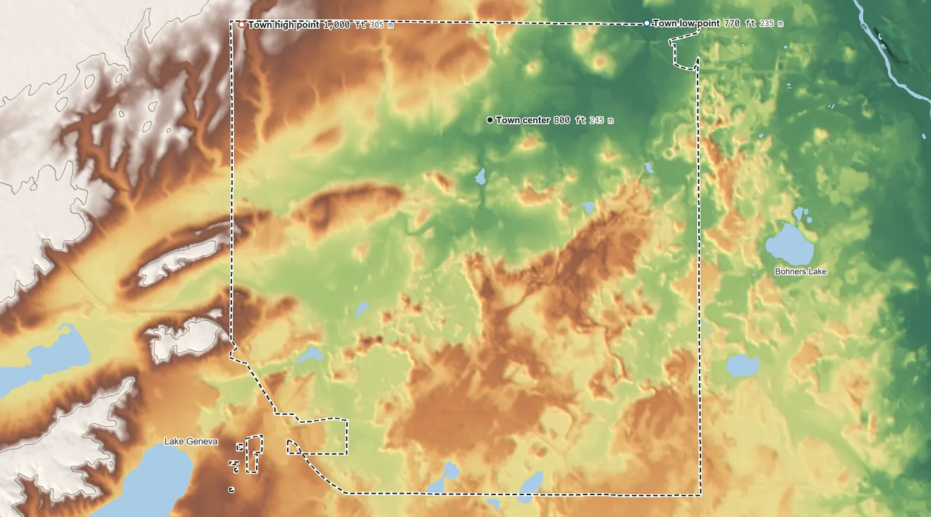 Topographic elevation map of Lyons, Wisconsin, shaded from 770 ft on the northeast side to 1,000 ft on the west side