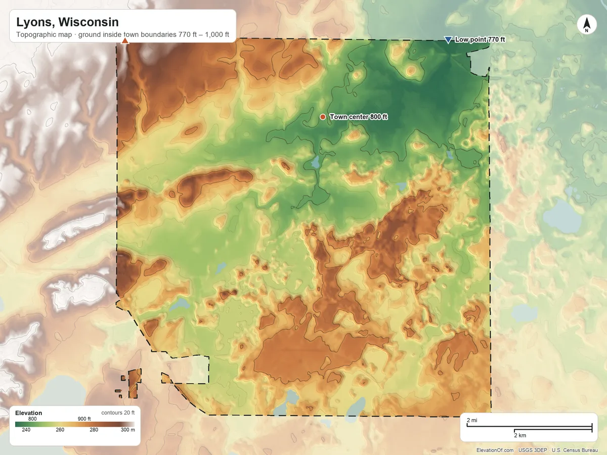 Topographic elevation map of Lyons, Wisconsin, shaded from 770 ft on the northeast side to 1,000 ft on the west side