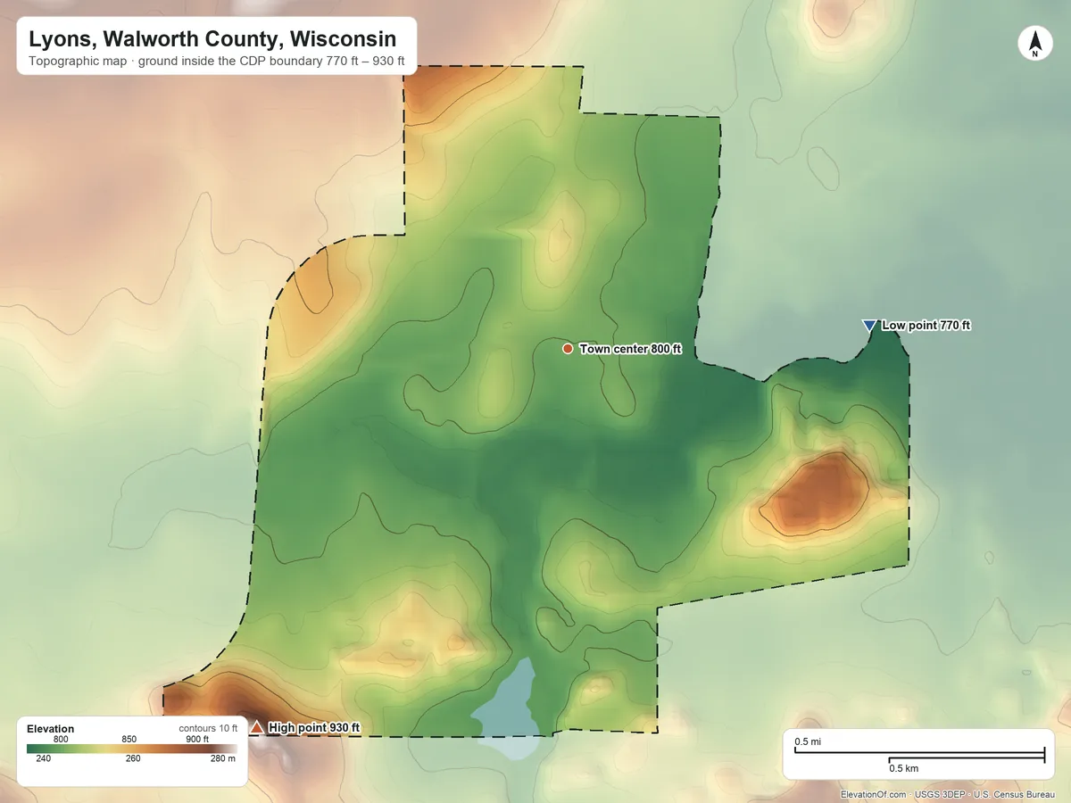 Topographic elevation map of Lyons, Walworth County, Wisconsin, shaded from 770 ft on the east side to 930 ft on the southwest side