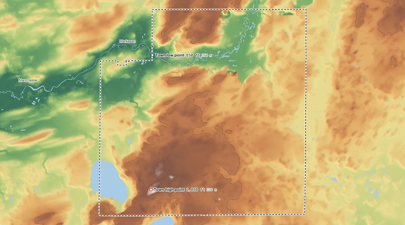 Topographic elevation map of Mackford, Wisconsin, shaded from 850 ft on the northwest side to 1,080 ft on the southwest side