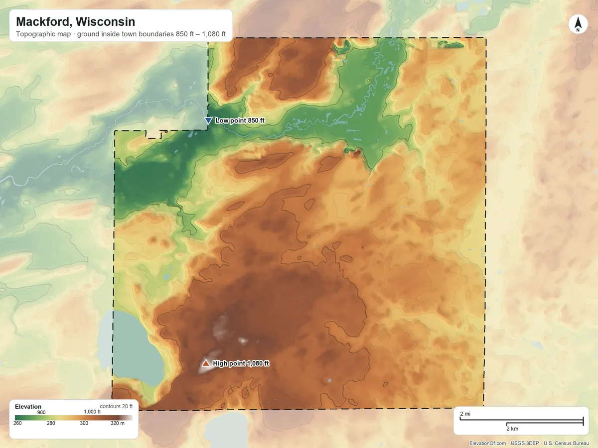 Topographic elevation map of Mackford, Wisconsin, shaded from 850 ft on the northwest side to 1,080 ft on the southwest side