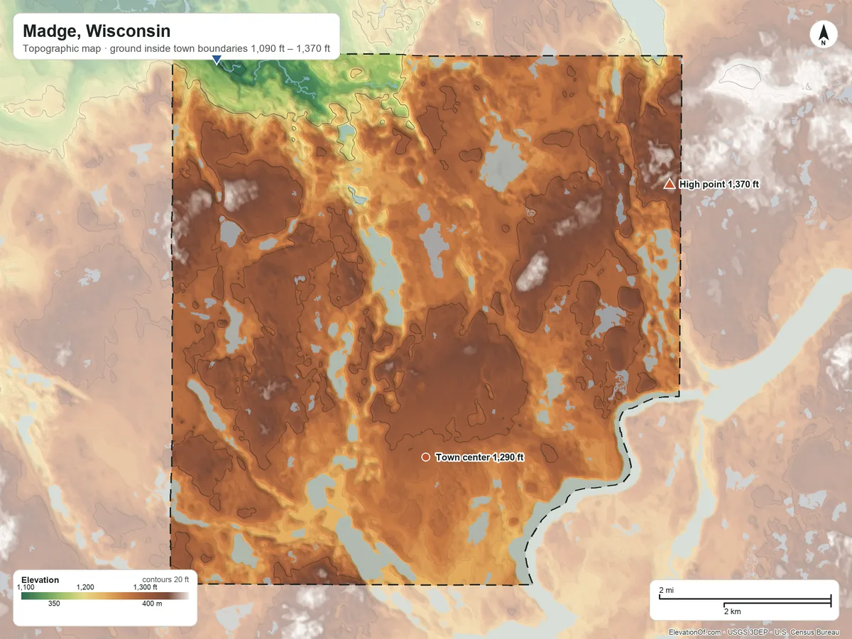 Topographic elevation map of Madge, Wisconsin, shaded from 1,090 ft on the northwest side to 1,370 ft on the northeast side