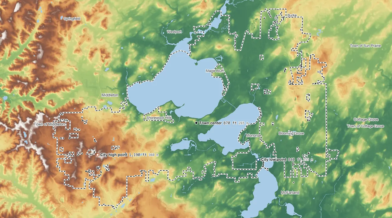 Topographic elevation map of Madison, Wisconsin, shaded from 840 ft on the southeast side to 1,190 ft on the west side
