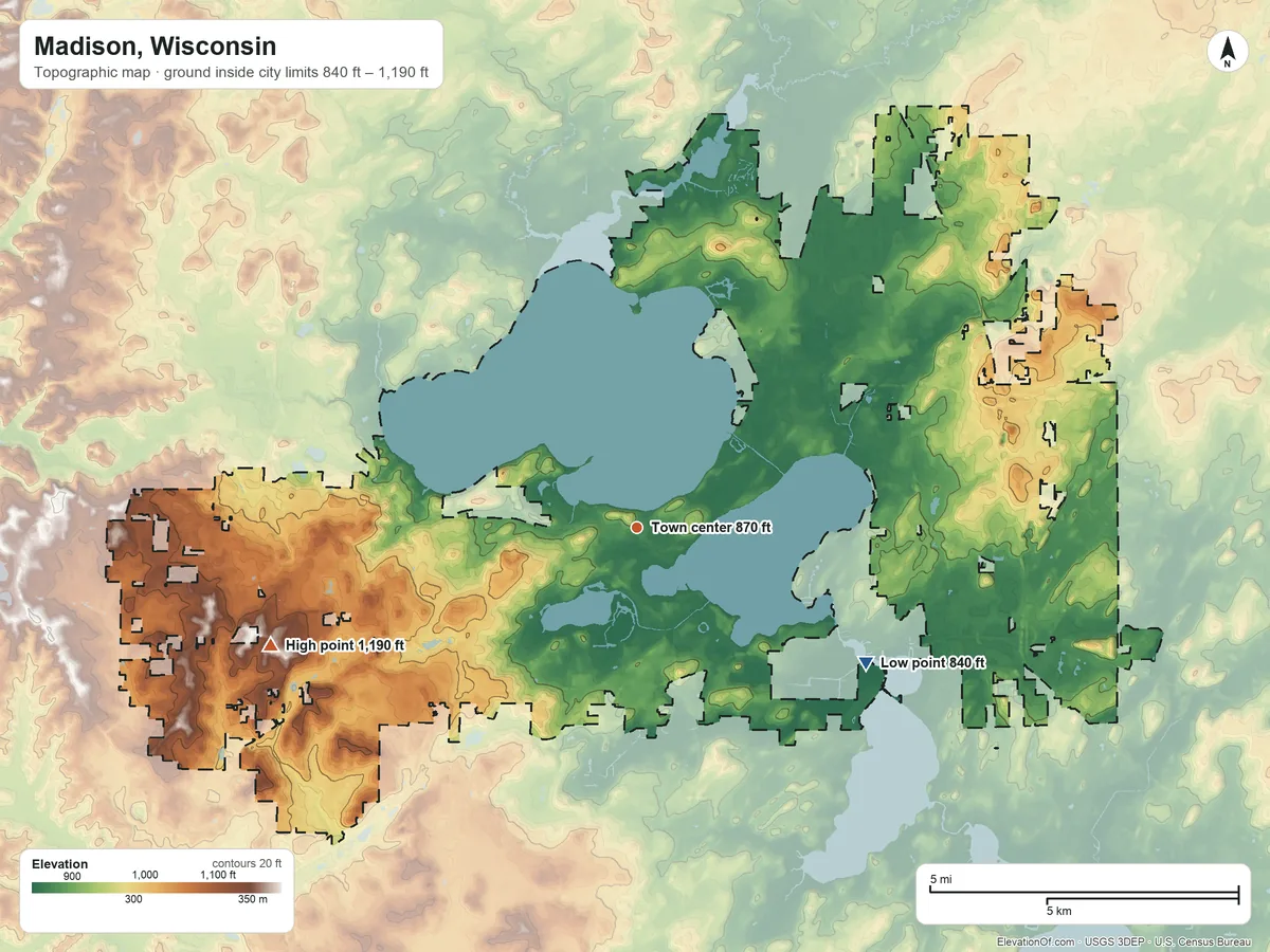 Topographic elevation map of Madison, Wisconsin, shaded from 840 ft on the southeast side to 1,190 ft on the west side