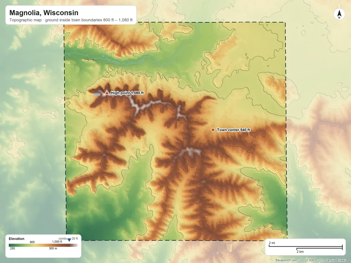 Topographic elevation map of Magnolia, Wisconsin, shaded from 800 ft on the southwest side to 1,080 ft on the west side
