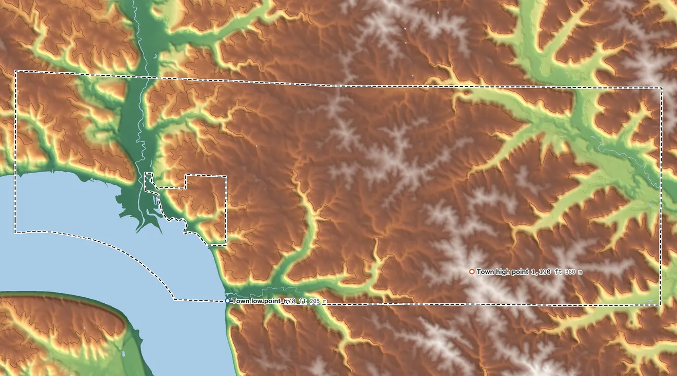 Topographic elevation map of Maiden Rock, Wisconsin, shaded from 670 ft on the southwest side to 1,190 ft on the southeast side