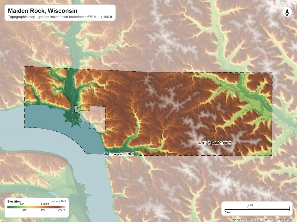 Topographic elevation map of Maiden Rock, Wisconsin, shaded from 670 ft on the southwest side to 1,190 ft on the southeast side