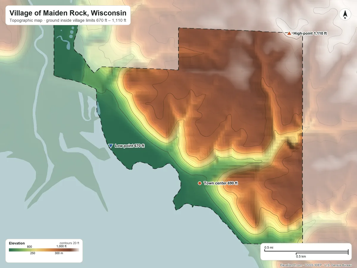 Topographic elevation map of Village of Maiden Rock, Wisconsin, shaded from 670 ft on the northwest side to 1,110 ft on the northeast side