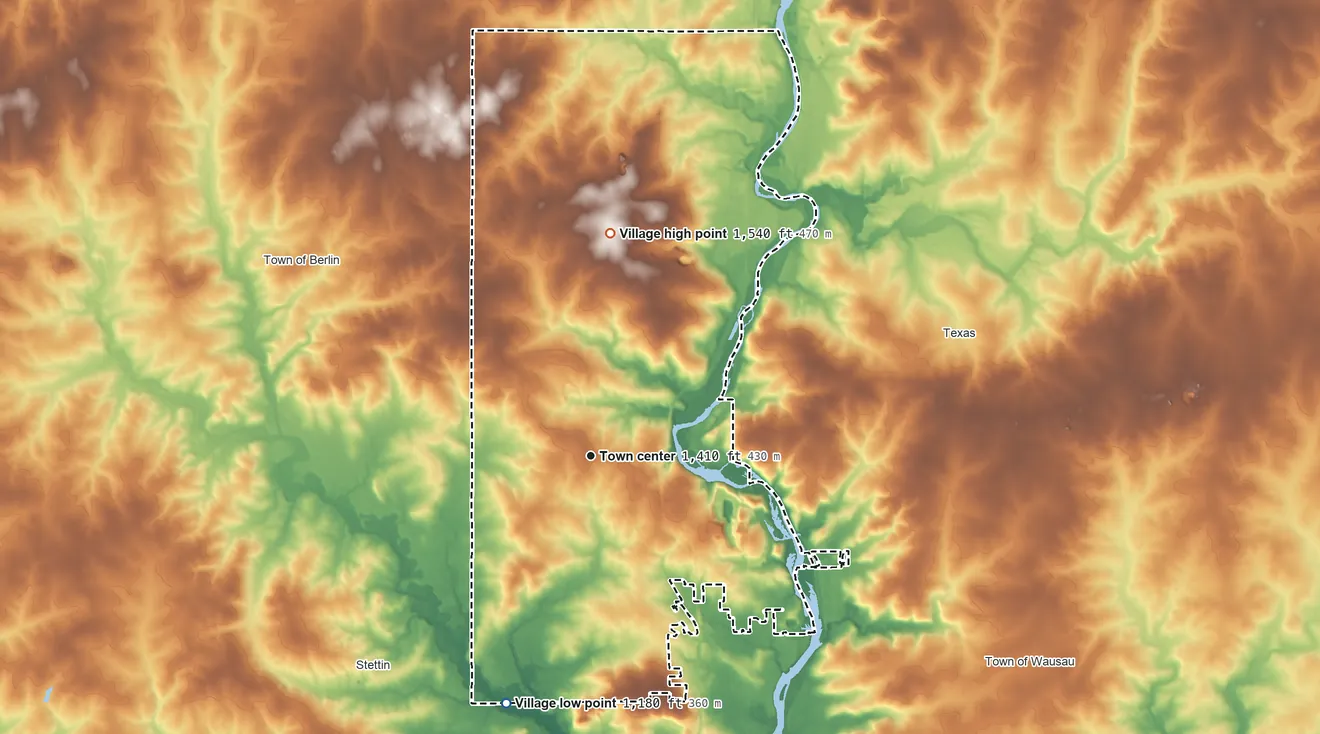 Topographic elevation map of Maine, Wisconsin, shaded from 1,180 ft on the south side to 1,540 ft on the north side