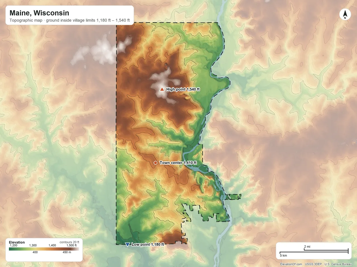 Topographic elevation map of Maine, Wisconsin, shaded from 1,180 ft on the south side to 1,540 ft on the north side