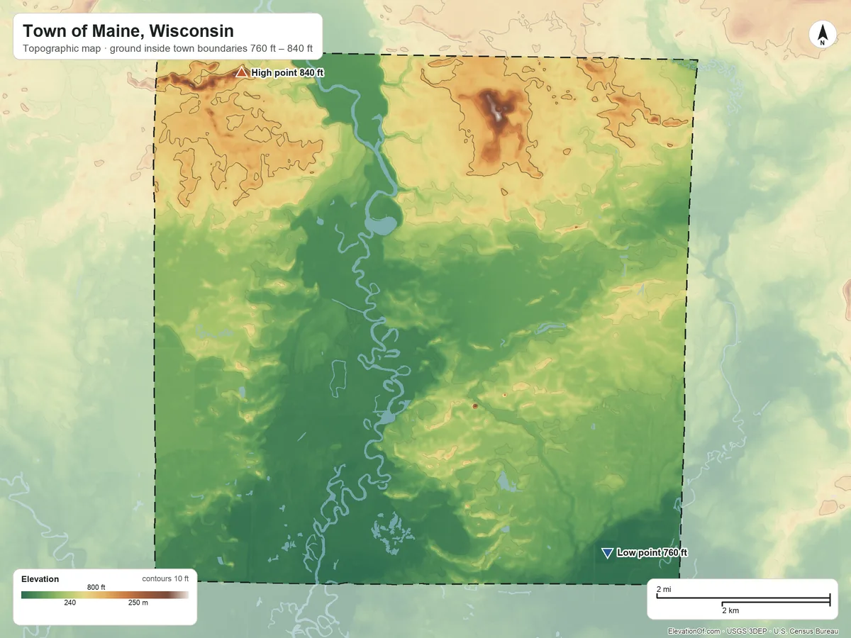 Topographic elevation map of Town of Maine, Wisconsin, shaded from 760 ft on the southeast side to 840 ft on the northwest side