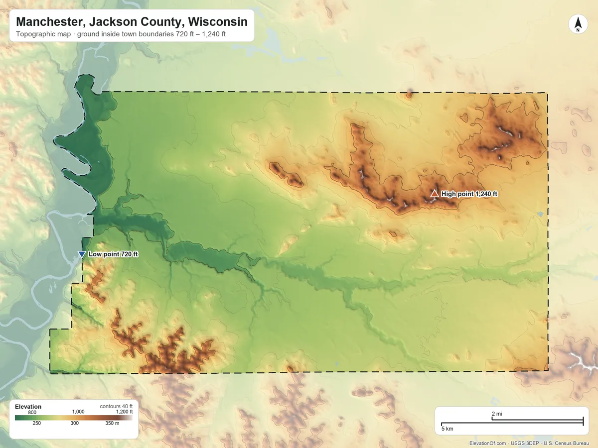 Topographic elevation map of Manchester, Jackson County, Wisconsin, shaded from 720 ft on the west side to 1,240 ft on the east side
