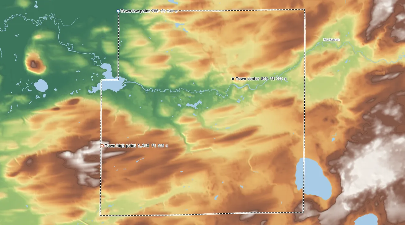 Topographic elevation map of Manchester, Wisconsin, shaded from 780 ft on the northwest side to 1,040 ft on the southwest side