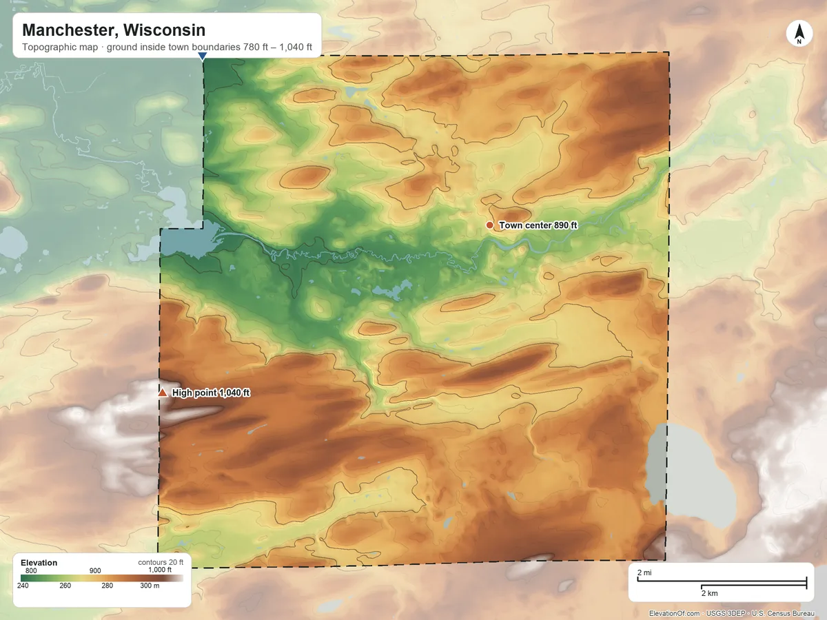 Topographic elevation map of Manchester, Wisconsin, shaded from 780 ft on the northwest side to 1,040 ft on the southwest side