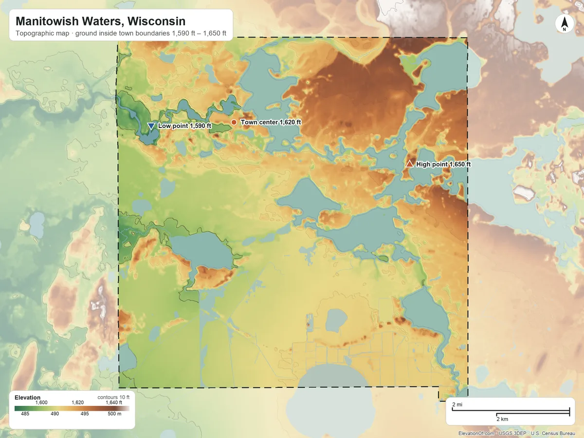 Topographic elevation map of Manitowish Waters, Wisconsin, shaded from 1,590 ft on the west side to 1,650 ft on the east side